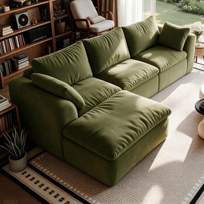 Canapé modulaire en L 96,5 po à 4 places modulaires avec méridienne simple, canapé d'angle surdimensionné à assise profonde, assemblage sans outil sous vide, grand canapé en tissu tissé texturé pour le salon, vert olive