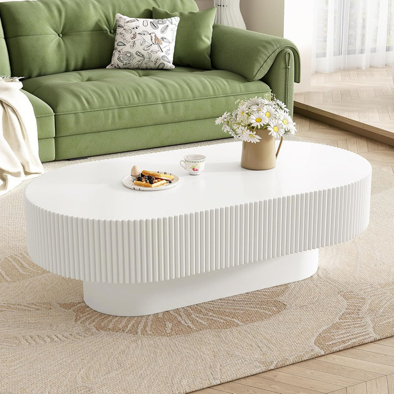 Table basse ovale blanche avec base en bois robuste, table centrale pour le salon, la salle de réception ou le bureau, assemblage facile