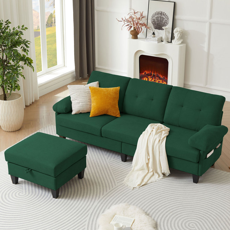 Marchel Upholstered L-Shaped Sectional with Ottoman Reversible, Green 100% Linen