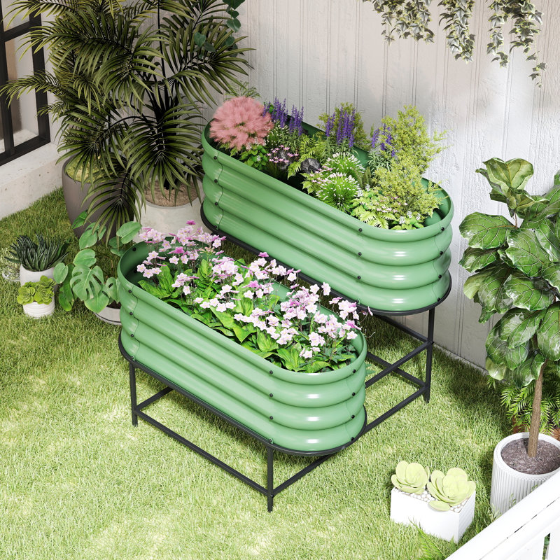 Jardinière galvanisée surélevée à 2 niveaux, bac à fleurs ovale d'extérieur pour légumes, fleurs et fines herbes, Vert