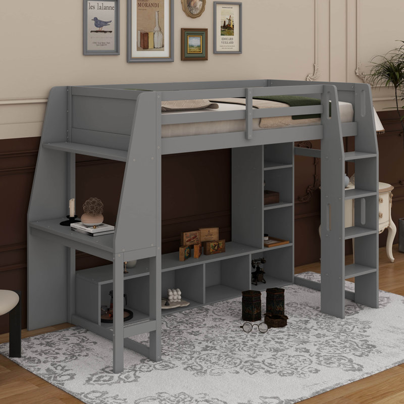 Lit mezzanine en bois avec bureau, étagères à rangement multiples, DEL et portemanteau suspendu, Lit simple