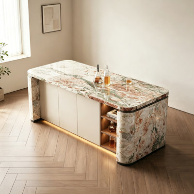 Kitchen Island with Marble Top, Storage Cabinets, Open Shelves LED Lighting, Dining Table, Breakfast Bar, Home Bar, No Assembly Required