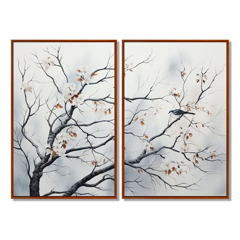 «Gray Floral Sprintime Tree Birds III», art mural moderne sur toile grise, Brown, 36" H x 48" W