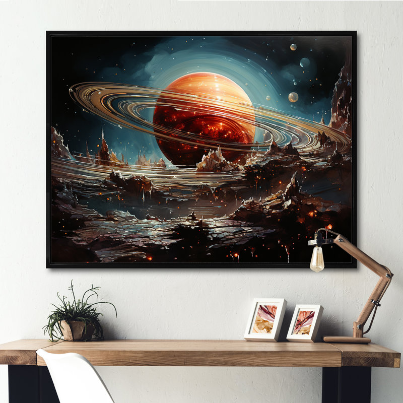 " Saturn Ruby Rings Galactic Elegance ", 12" H x 20" W x 1" D, Black Floater Framed