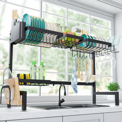 Over The Sink Dish Drying Rack - Adjustable 2 Tier X-Large Capacity Stainless Steel Drainer with Cutlery & Utensil Holders, Kitchen Storage & Organization, 31.5"-39.5"L x 12"W x 24.5"H, Black