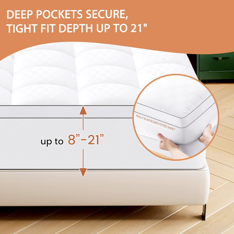 Quilted Mattress Topper For Back Pain Mattress Topper Mattress Protector Extra Thick Mattress Pad Cover Fluffy Mattress Cover Machine Washable(White)