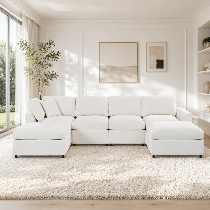 Canapé modulaire modulaire à 6 places avec tissu en chenille doux et repose-pieds mobile, 6 places l 130,3 po x P 66,7 po