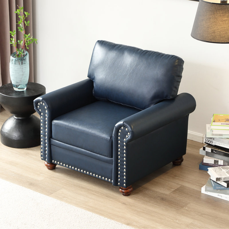 Chaise de salon bleu marine, similicuir, pieds en bois avec structure en cuir et métal, Marine