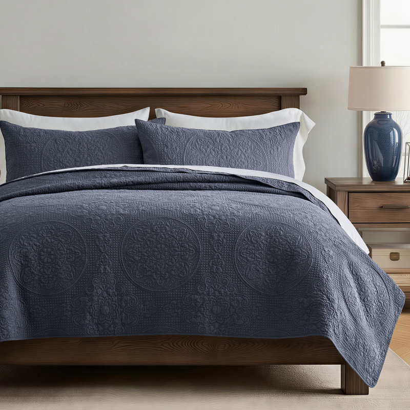 Ensemble de courtepointe à point médaillon 100 % coton, Courtepointe grand + 2 couvre-oreillers standard, Bleu indigo