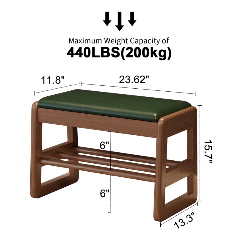 Solid wood shoe benches, leather or linen seat, double-tiered shelf design, flip-up storage, 23.6" W, Green/Walnut