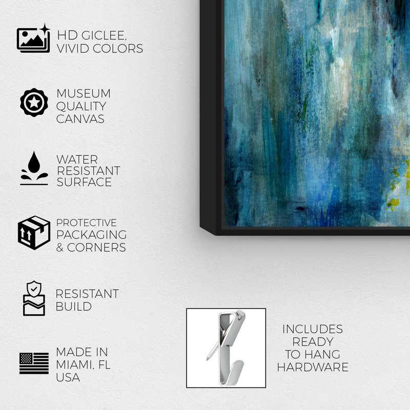 " Abstract Plenty Blue Rain, Modern & Contemporary Blue ", Black Floater Framed, 20" H x 30" W 