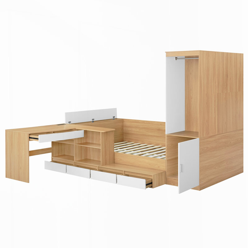 Wooden Platform Bed with desk and Wardrobe, Natural