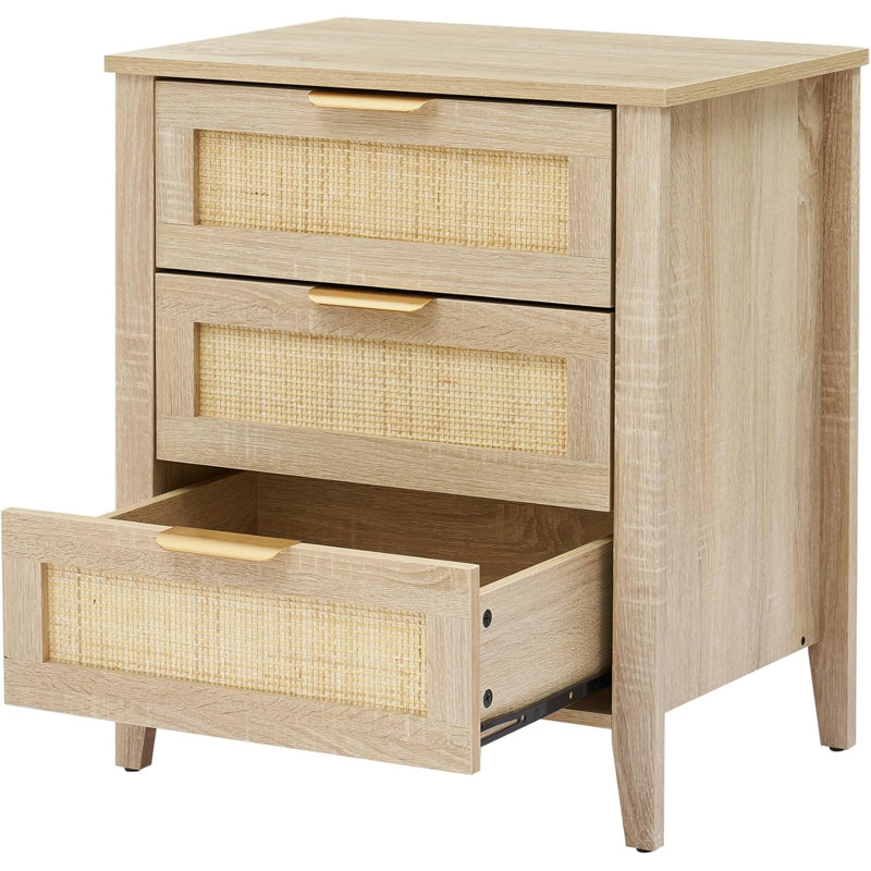 Nightstand, Rattan End Table, Rattan Nightstand Boho Cabinet With 3 Natural Rattan Drawers