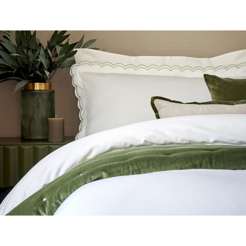 Scallop Edge Luxury Pillowcase Pair, White/Matcha, Standard Pillowcase