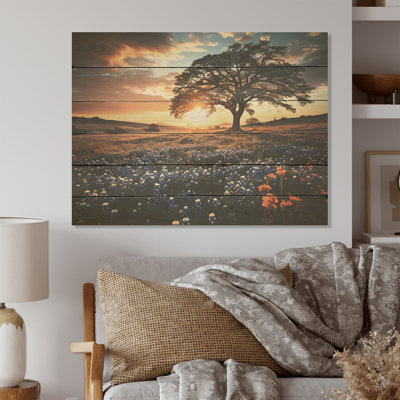 «Mauve mauve champ avec coucher de soleil», art mural en bois bleu sur bois de pin naturel