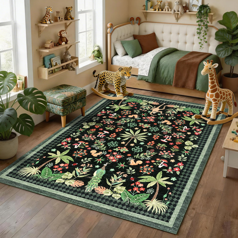 Area Rugs Jungle Animal Rug Washable Area Rugs for Living Room,Non Slip Bedroom Rugs for Dining Room Nursery Playroom, Black