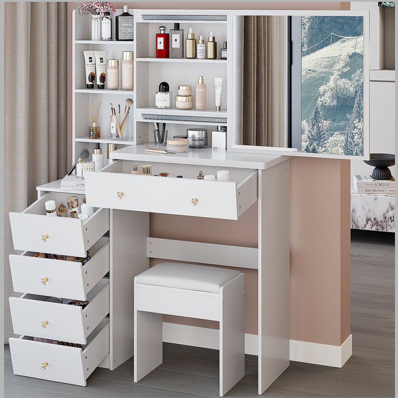 Meuble-lavabo de 37 po avec tabouret de chevet de taille moyenne 37 po + tabouret rembourré, très grand miroir coulissant à droite, rangement multicouche haute capacité, commode pratique et pratique, convient aux grands espaces