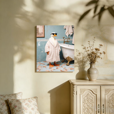Stylish Duck In Robe, Built-In Back Wood Frame, Bathroom Wall Mural, 36L X 24W
