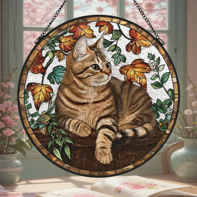 Tabby Cat on Leaves Stained Glass Panels Suncatcher for Window Decor