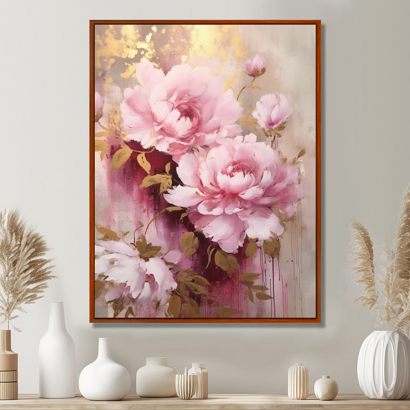 Rose et pivoines dorées dans un éclat - pivoines, art mural large, 44" H x 34" W, Gold Picture Framed