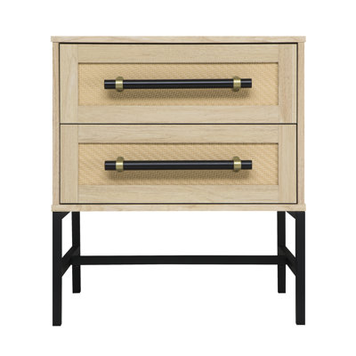 Table de chevet 2 tiroirs Hopper Studio Sophia au look chêne naturel avec panneaux à motifs, quincaillerie mate et cadre noir minimaliste