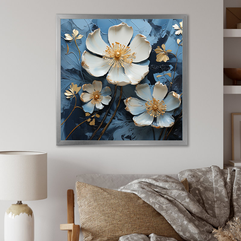 «White and Blue Buttercups Minimalisme IV», reproduction d'art sur toile, Cadre simple argenté, H 24 po x l 24 po x P 1 po