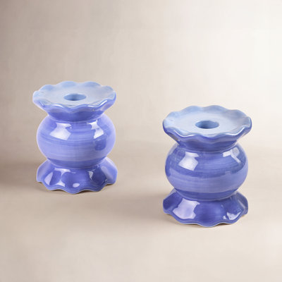 Iris Blue Small Knob Candle Holder With Ruffle Set Of 2