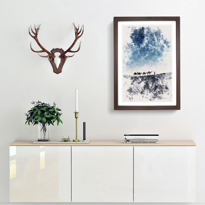 Camels Trekking In Morocco Watercolour - Picture Frame Graphic Art, 63cm H x 45cm W x 2cm D, Walnut Framed