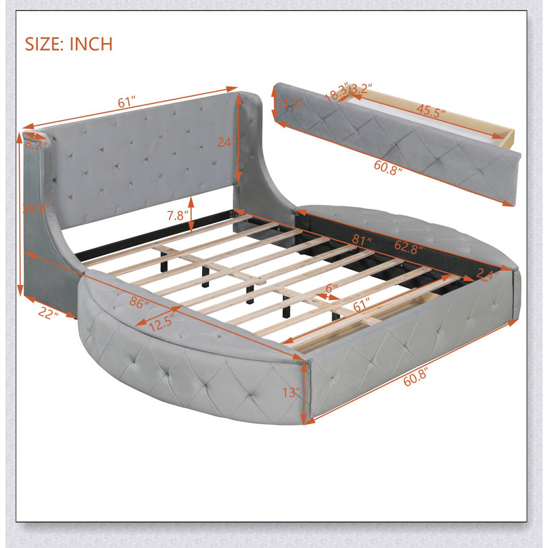 Lit plateforme tapissier en velours avec tête de lit à oreilles et 1 grand tiroir, 2 tabourets de rangement latéraux, Gray