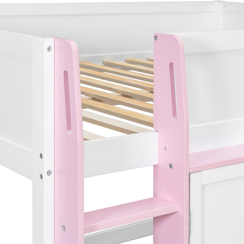 Lit mezzanine double avec maisonnette et rangement, Blanc / Rose