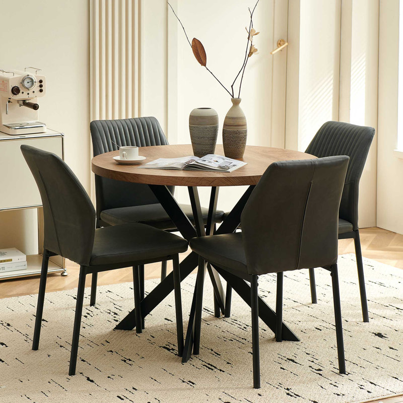 5-Piece Round Dining Table Set, 37 Inch Kitchen Table And 4 PU Leather Chairs, Gray