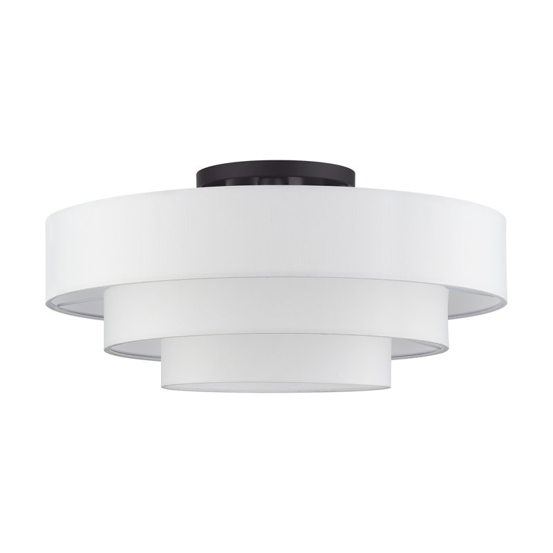 5 Light Bronze Extra Large Semi-Flush With Hand Crafted Off-White Color Fabric Hardback Shades, Bronze
