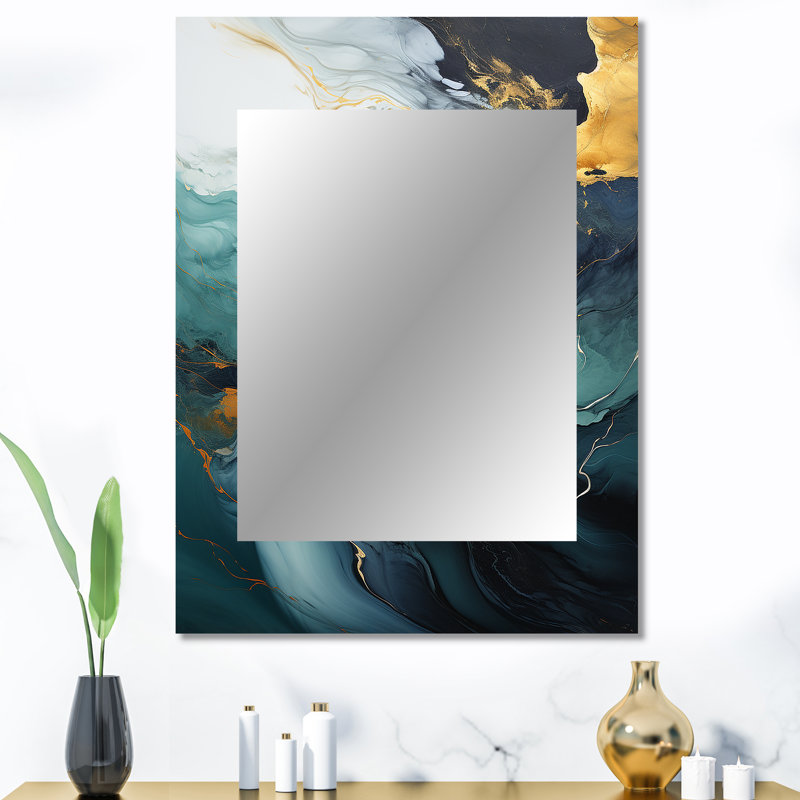 Or et vert cascade de marbre blanc I - peinture abstraite unique miroir mural, miroir doré, impression sur métal