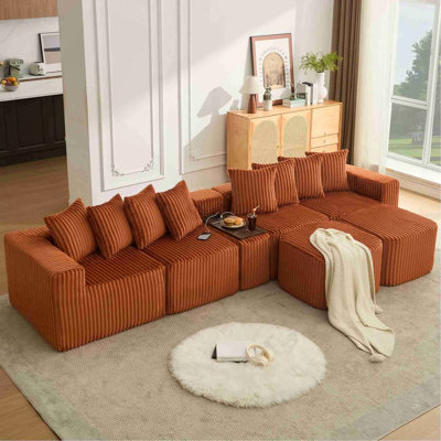 Canapé en U de 137,5 po, charge USB et sans fil, table basse avec porte-gobelet, canapé modulaire surdimensionné et mobile, repose-pieds mobile, sans assemblage, 6 sièges, velours côtelé, orange