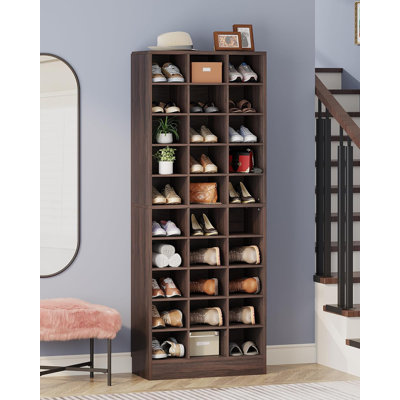 25.6 Inches 10-Tier Wooden Shoe Storage Cabinet, Modern 30-Cubby Wooden Shoe Rack Organizer