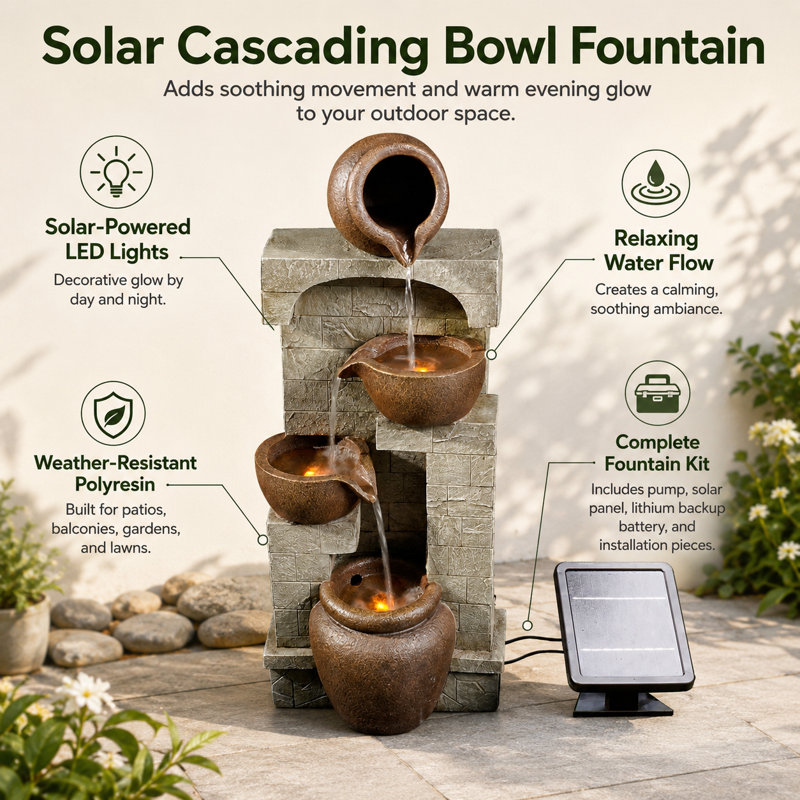 Teamson Home Indoor/Outdoor Solar-Powered 4-Tier Stone-Look Fountain with LED Lights