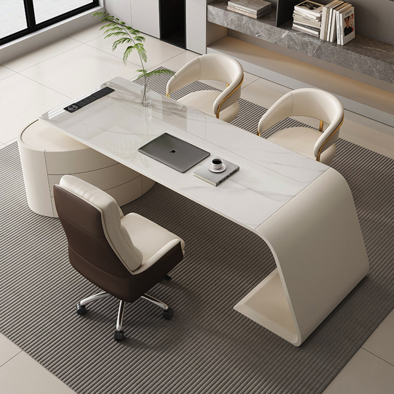 Bureau haut de gamme moderne de style minimaliste blanc avec plateau en pierre frittée et armoire à tiroirs de forme elliptique