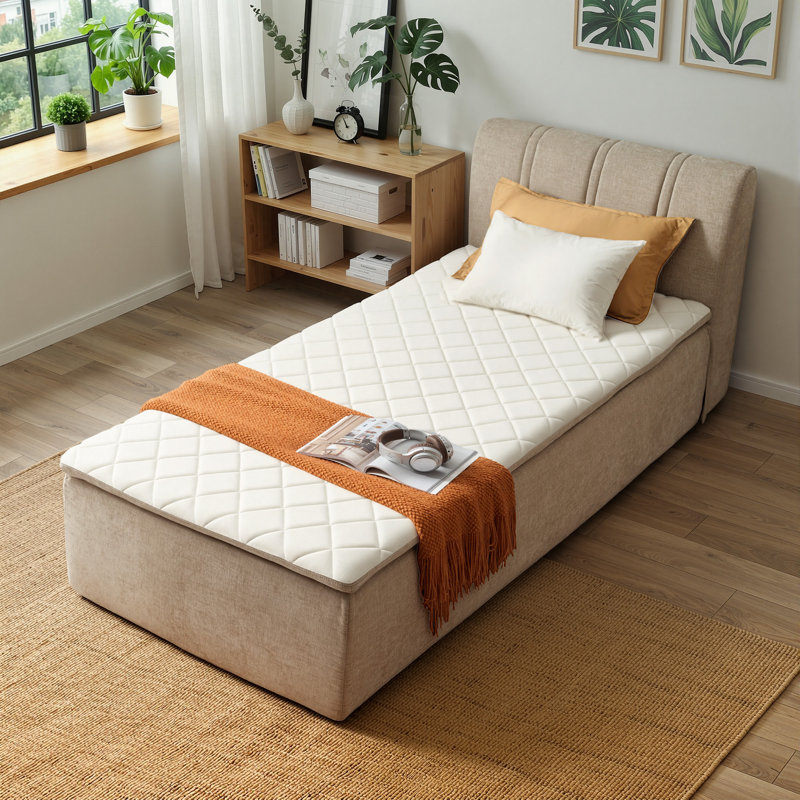 Lit plateforme tapissier avec tête de lit en chenille, Lit simple, Beige