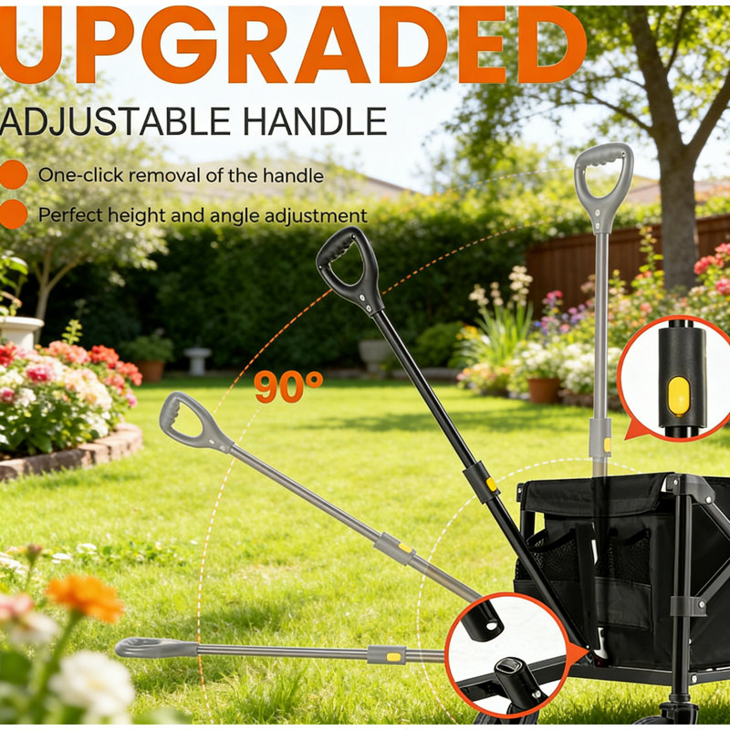 100L Festival Camping Trolley | Pull-Along Collapsible Wagon Cart With Removable All-Terrain Wheels & Adjustable Handle | 220LBS/100KG Capacity | Black | For Beach, Garden, Picnic, Shopping & Sports