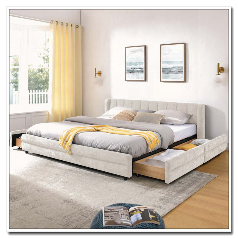 Cadre de lit rembourré avec tissu épais, cadre de lit rembourré confortable, tissu chenille, avec tête de lit et cadre de lit solide. Avec tiroir pour le rangement