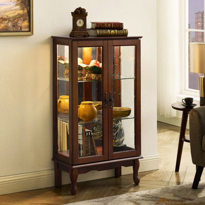 15 Pound Capacity Per Shelf Walnut Curio Cabinet With Mirrored Back And Adjustable Shelves Classic Style Space