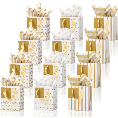 Paquet de 12 mini sacs-cadeaux métalliques avec poignées et papier de soie assorti, petits sacs pour cadeaux de Noël