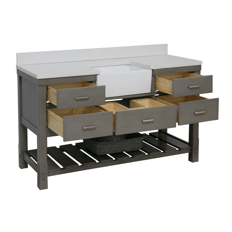 Hitton 60'' Single Bathroom Vanity with Top, Quartz, Weathered Gray