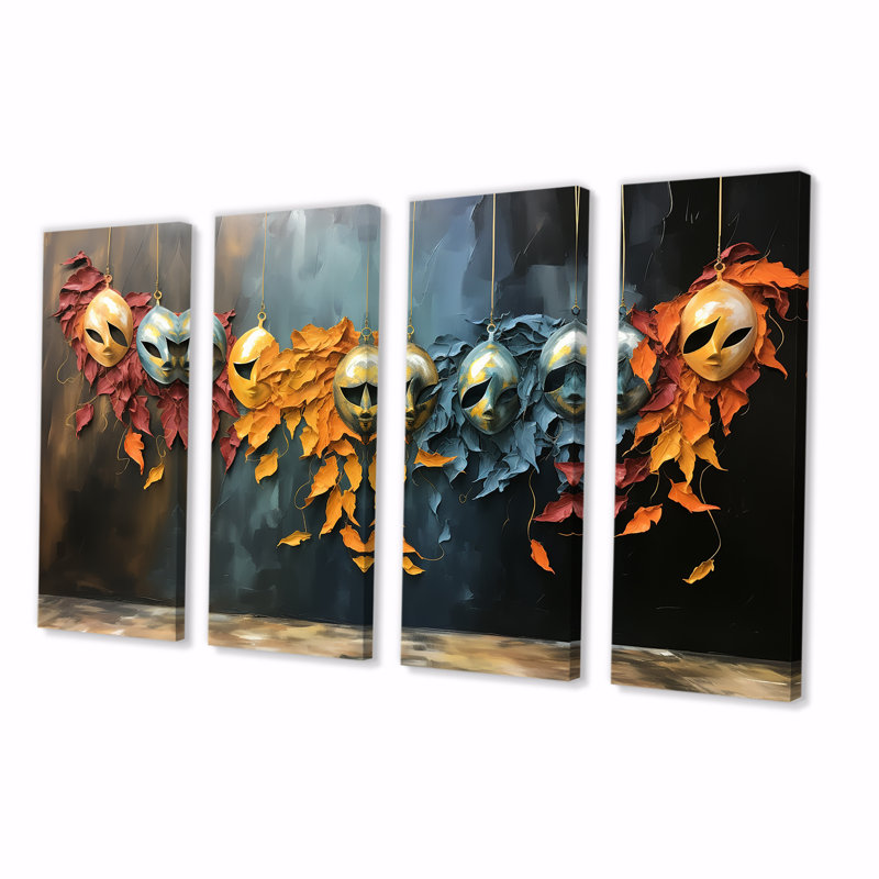 Chine, masques d'opéra jaunes et bleus I - art mural chinois, ensemble de 4 pièces, H 28 po x l 48 po