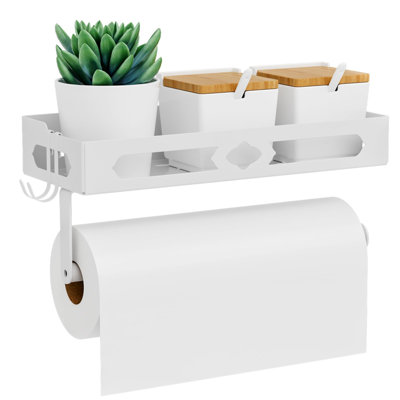 Porte-essuie-tout blanc mural avec tablette - Porte-essuie-tout adhésif, support en métal robuste avec 2 crochets, gain de place pour salle de bain, cuisine, VR