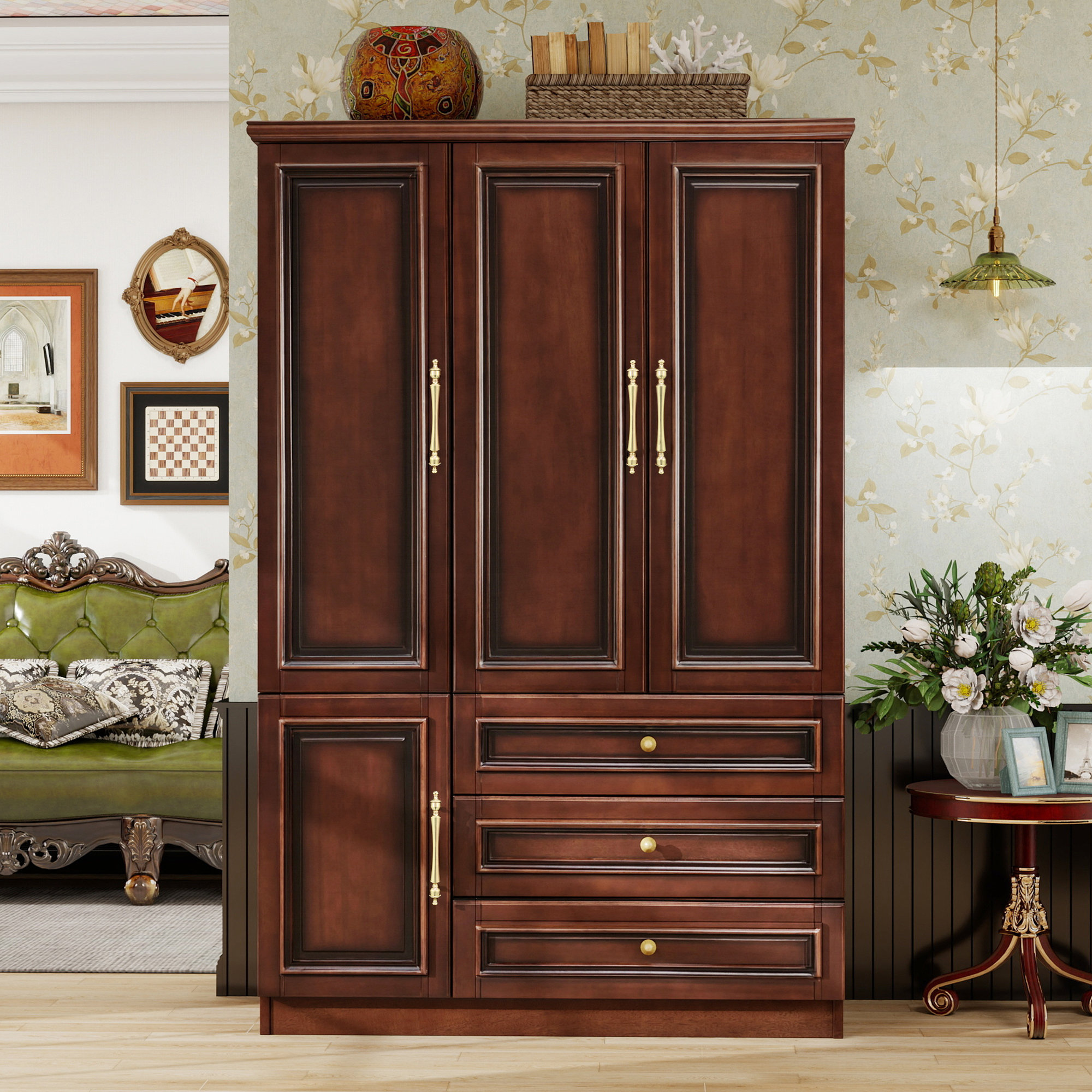 Lark Manor™ 100% Soild Wood Wardrobe Armoire with Drawers, 3-Door