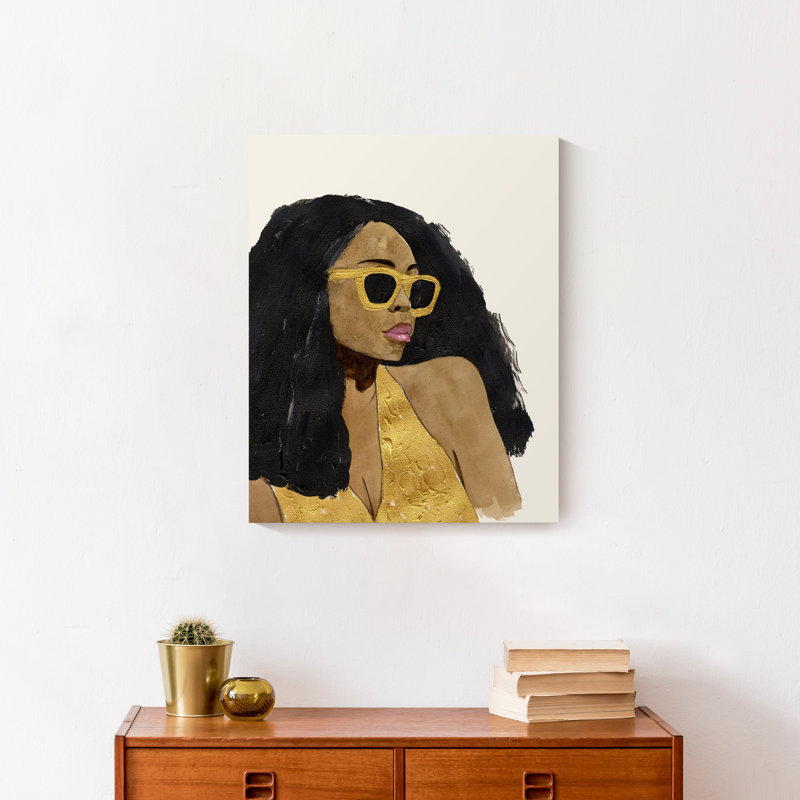 Femme avec lunettes de soleil - Sans cadre, reproduction sur toile, H 20 po x l 16 po x P 1,25 po