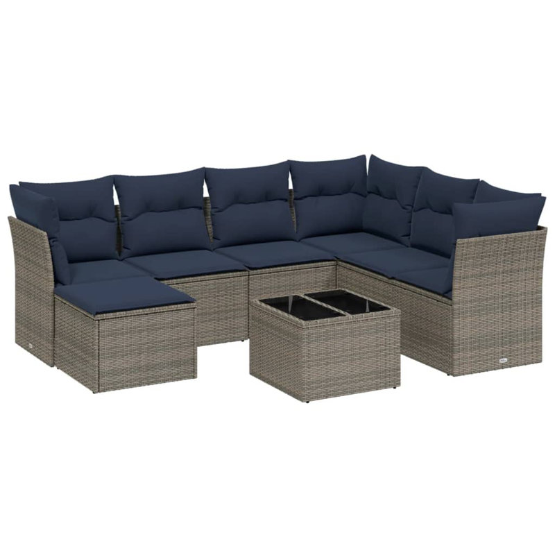 Ensemble de canapé de patio 8 pièces avec coussins en rotin de polyester, Marine, Gris