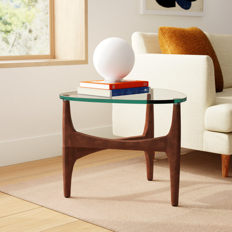 Triangular Clear Glass and Walnut End Table