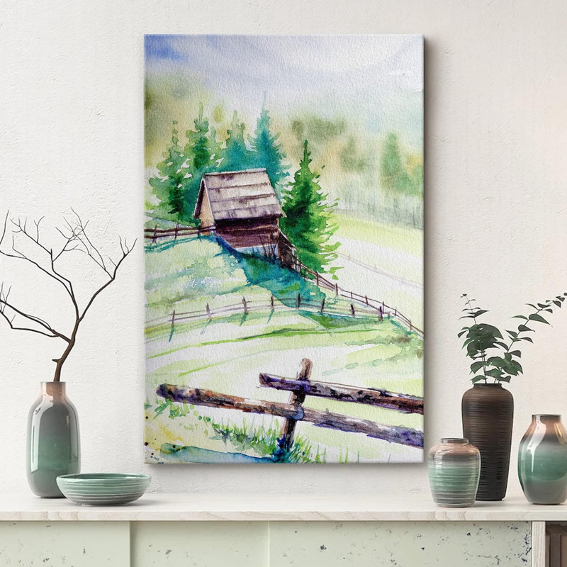 Paysage de forêt boisée «Spring Log Cabin Farm Pastel Forest» sur toile, Toile tendue, H 36 po x l 24 po